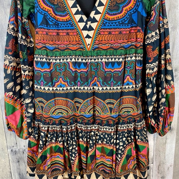 FARM Rio V-Neck Printed Tunic Dress in Green Size Extra Small. - Picture 6 of 15